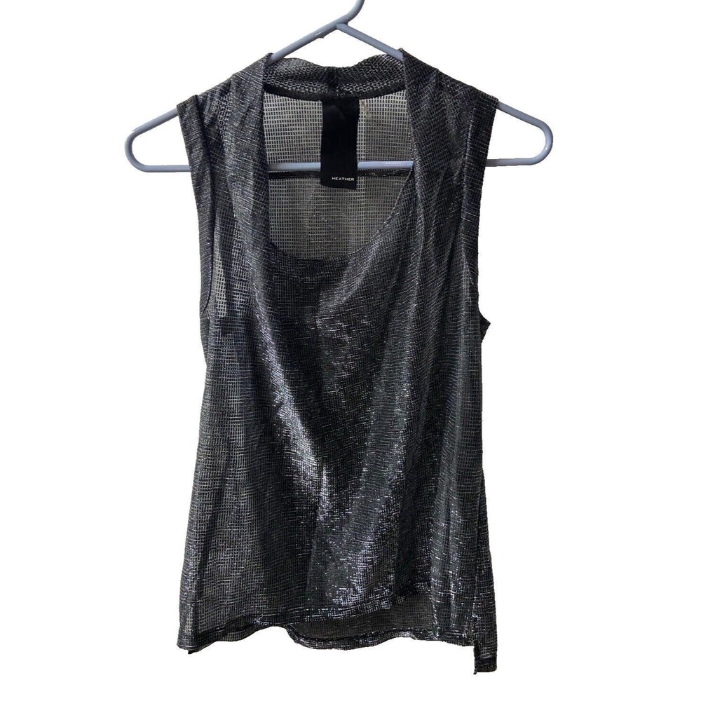 Heather Metallic Tank Womens Small Medium Silver Black Sleeveless Semi Sheer